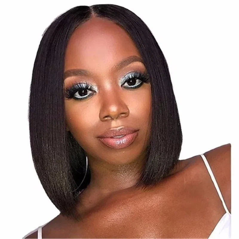 Popular in Europe and America, short straight hair, middle-parted black wig, African student headpiece