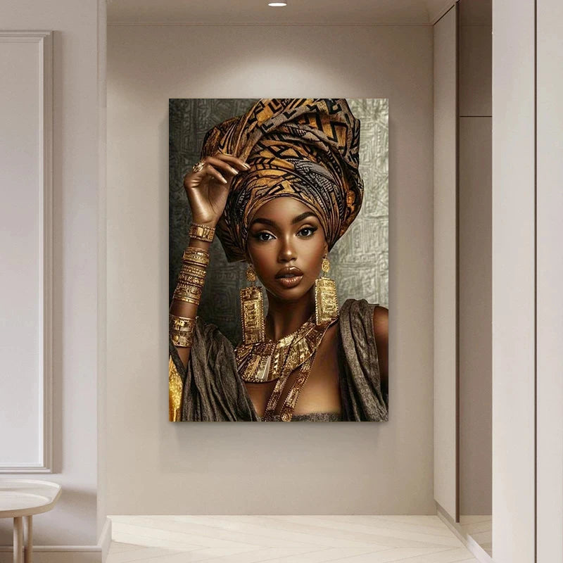 Beautiful African Queen Poster and Prints Golden Woman Canvas Painting Wall Art Picture Living Room Home Decor Cuadros No Frame
