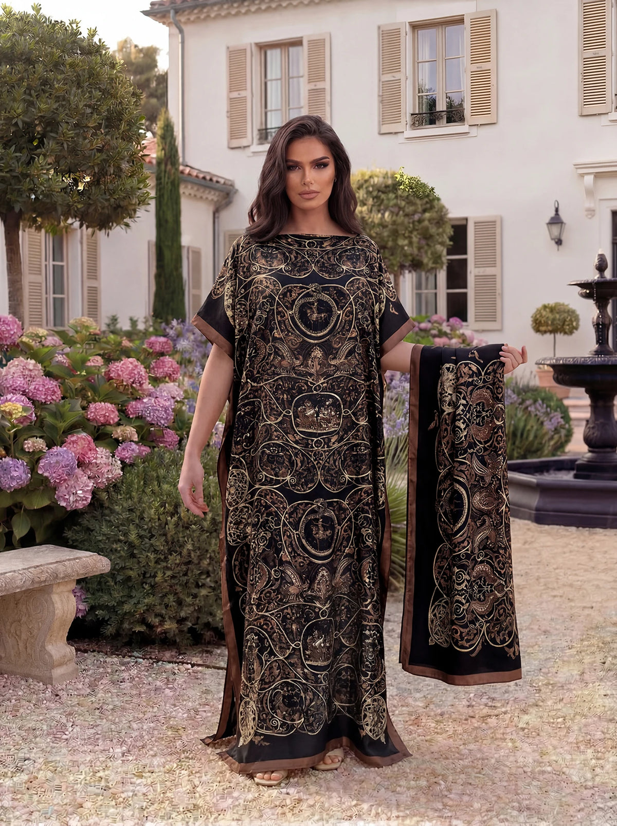 Vintage Baroque Animal Print Abaya With Scarf, Loose Maxi Kaftan For African Muslim Women Summer Beach Holiday Wear