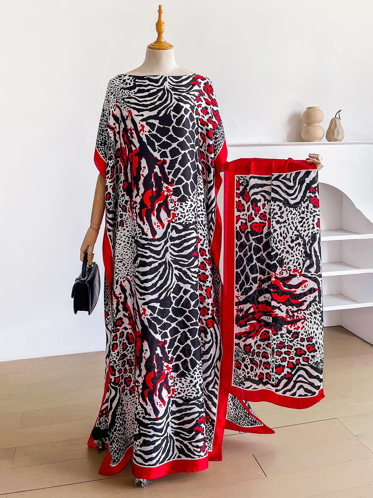 Dubai Mixed Animal Print Abaya With Matching Scarf, Boat Neck Batwing Sleeve Loose Maxi Kaftan Dress For African Muslim Women