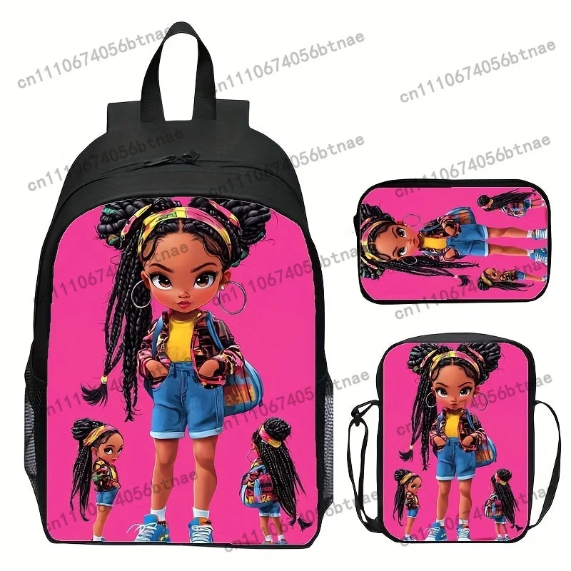 Lovely African Queen Cartoon Backpack Set for Women and Youth - Black Polyester with Golden Crown Design, Adjustable Straps, Zip