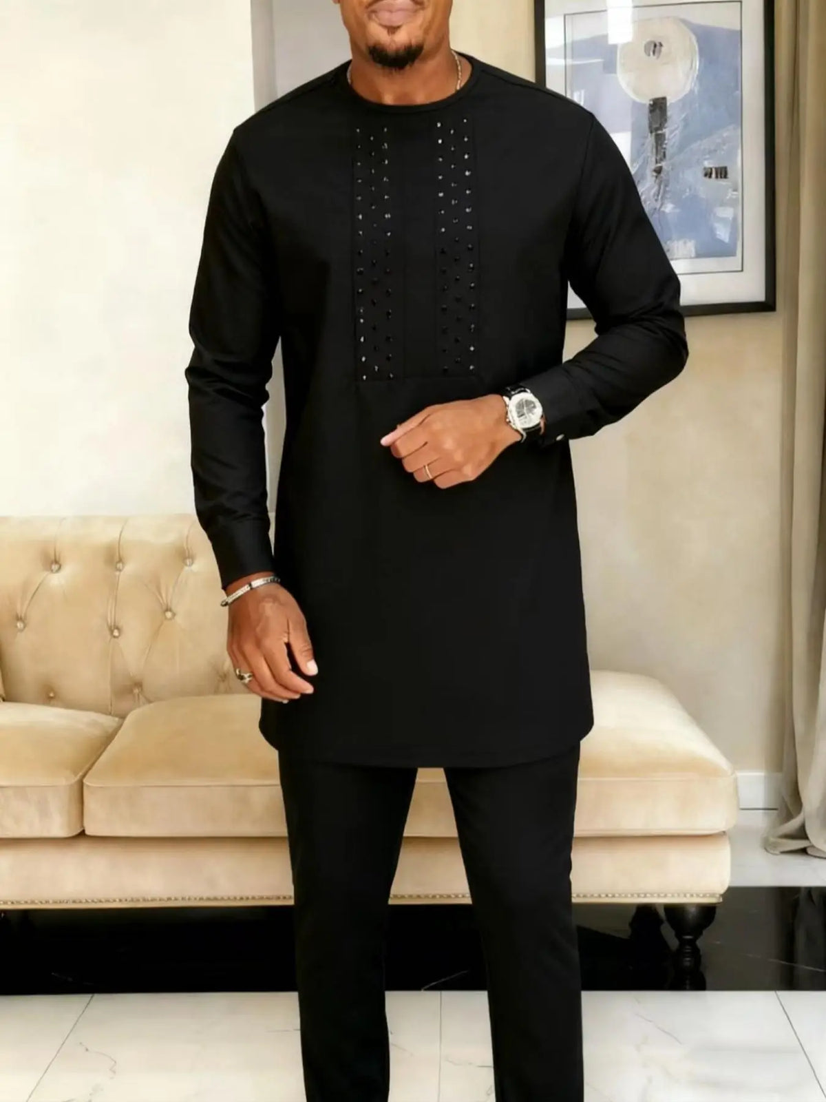 Men's Black round Neck African Middle Eastern Traditional Ethnic Style Formal Casual Suit for Wedding And Banquet