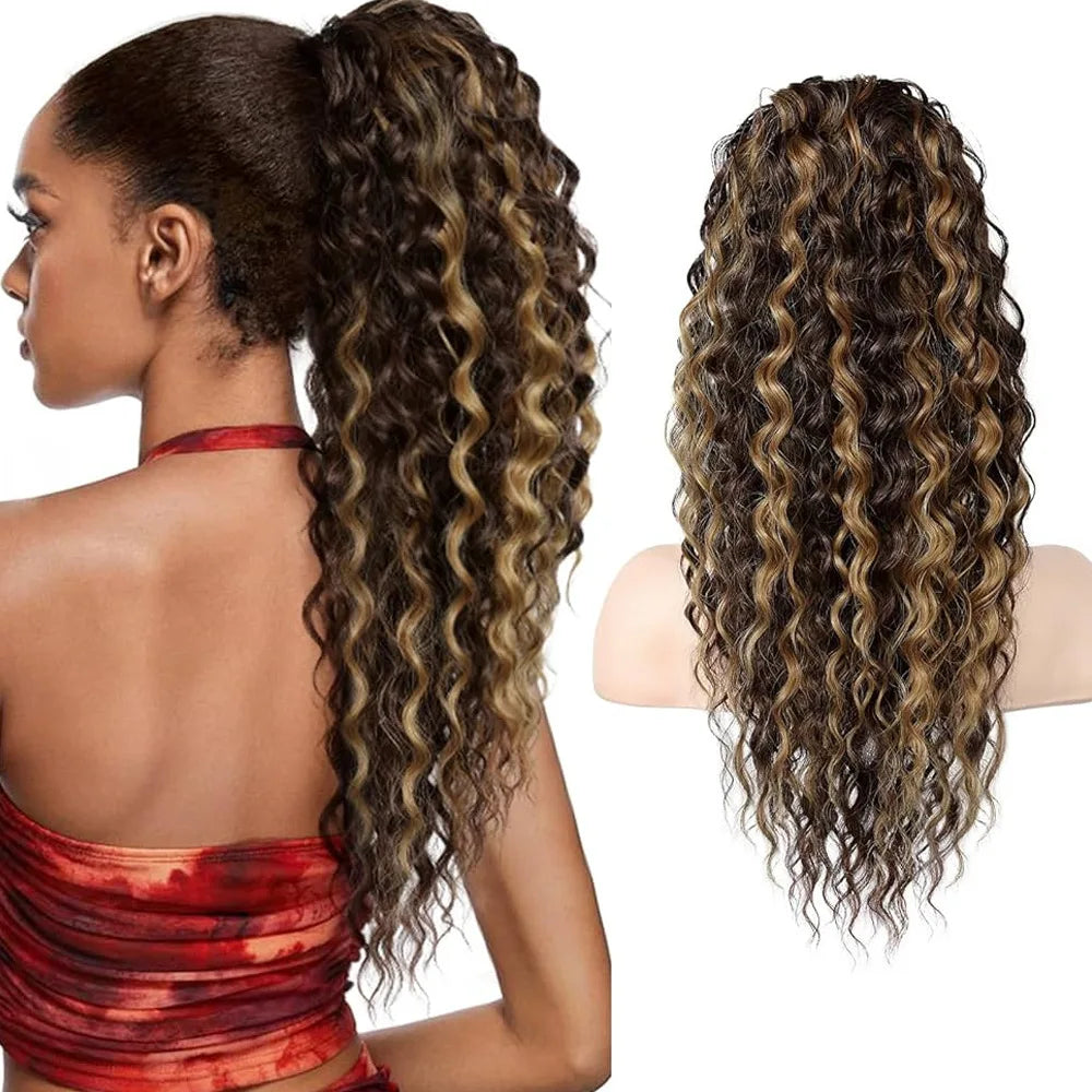 African deep wavy synthetic long curly hair natural drawstring ponytail wig