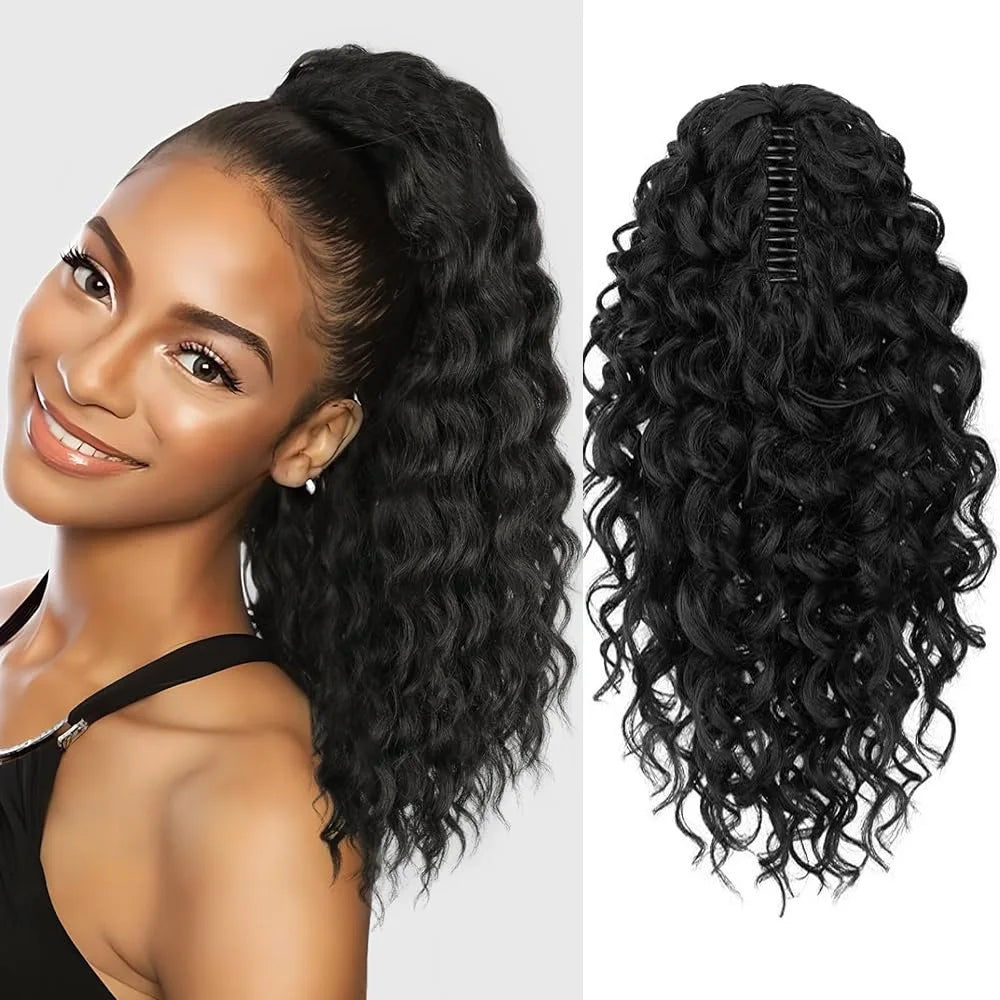 European and American curly 18inch African wavy claw clip ponytail long black-brown