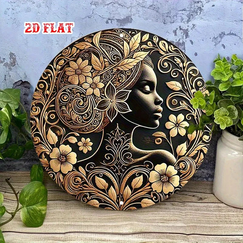 2D Flat Serenity Round Sign, Floral Crown Round Wall Decor African Beauty Rustic Metal Wall Art, Elegant Woman Metal Wall Art
