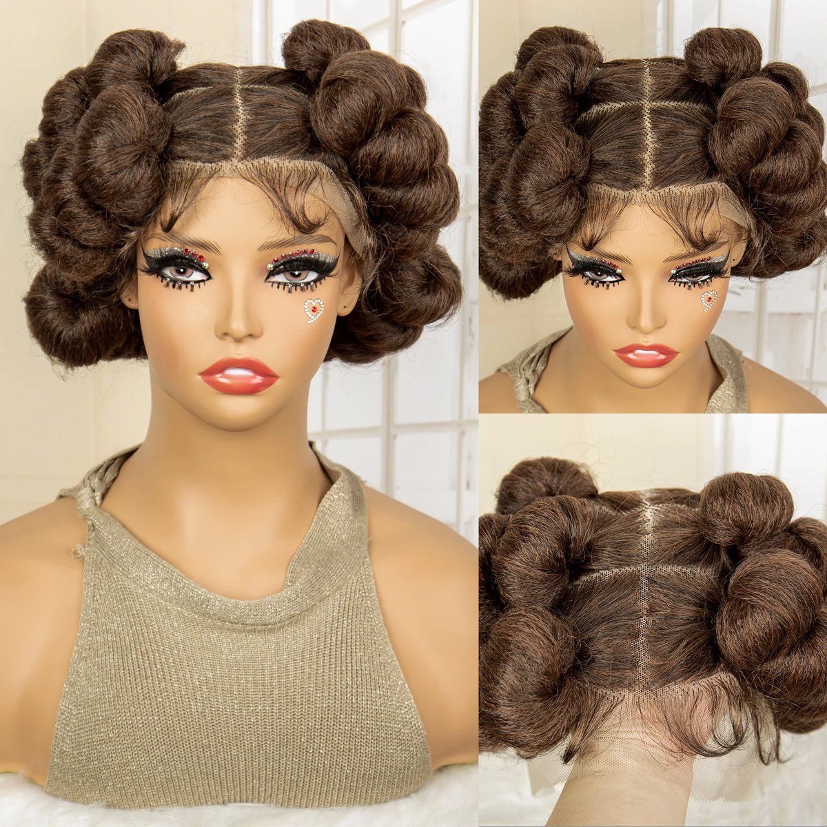 Full Lace Synthetic African Bantu Braided Wigs for Black Women Afro Hair Wig Lace Frontal Knotless Box Braiding Wig with Buns