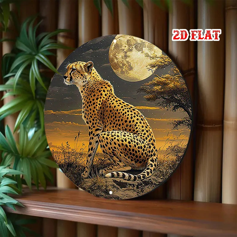 2D Flat Adventure Spirit Round Sign, Moonlit Night Wall Decor Cheetah Rustic Metal Wall Art,African Beauty Metal Wall Art Decor