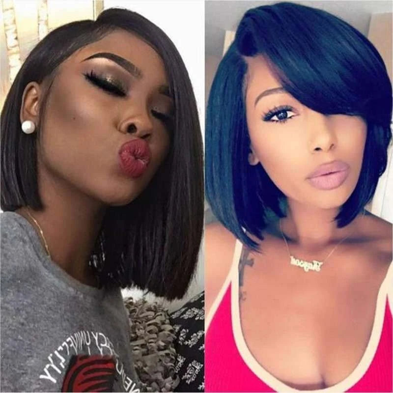 African wig with short , bangs, side parting, simulated scalp, black long straight hair, high-temperature fibe