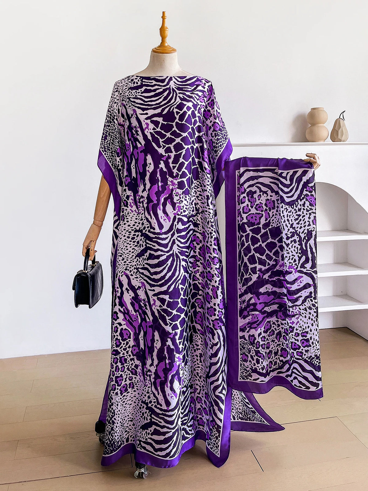 Dubai Mixed Animal Print Abaya With Matching Scarf, Boat Neck Batwing Sleeve Loose Maxi Kaftan Dress For African Muslim Women