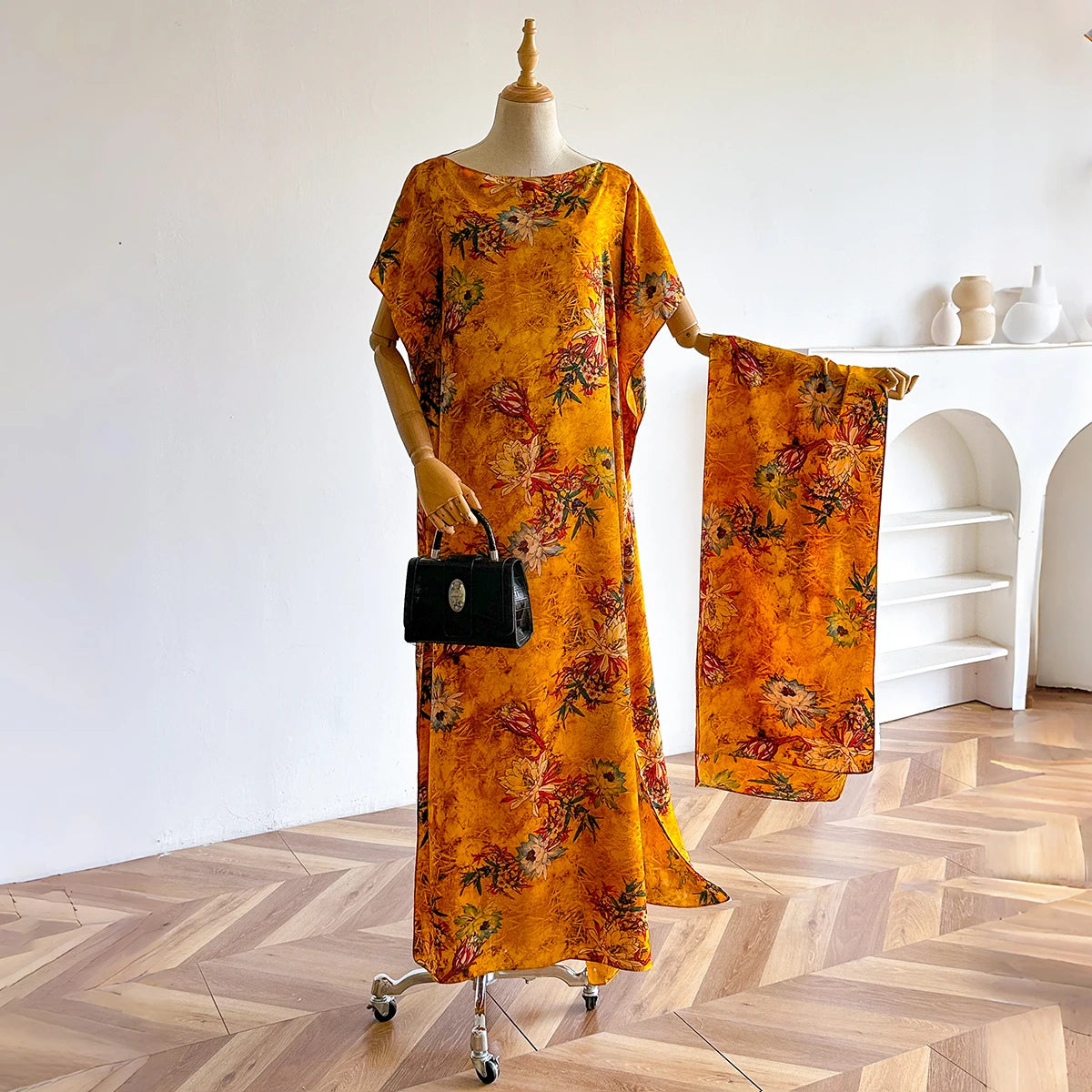 2025 New African Fashion Short Sleeve Colored Pattern Dubai Women Summer Real Silk Soft Printing Loose Tradition Muslim Scraf