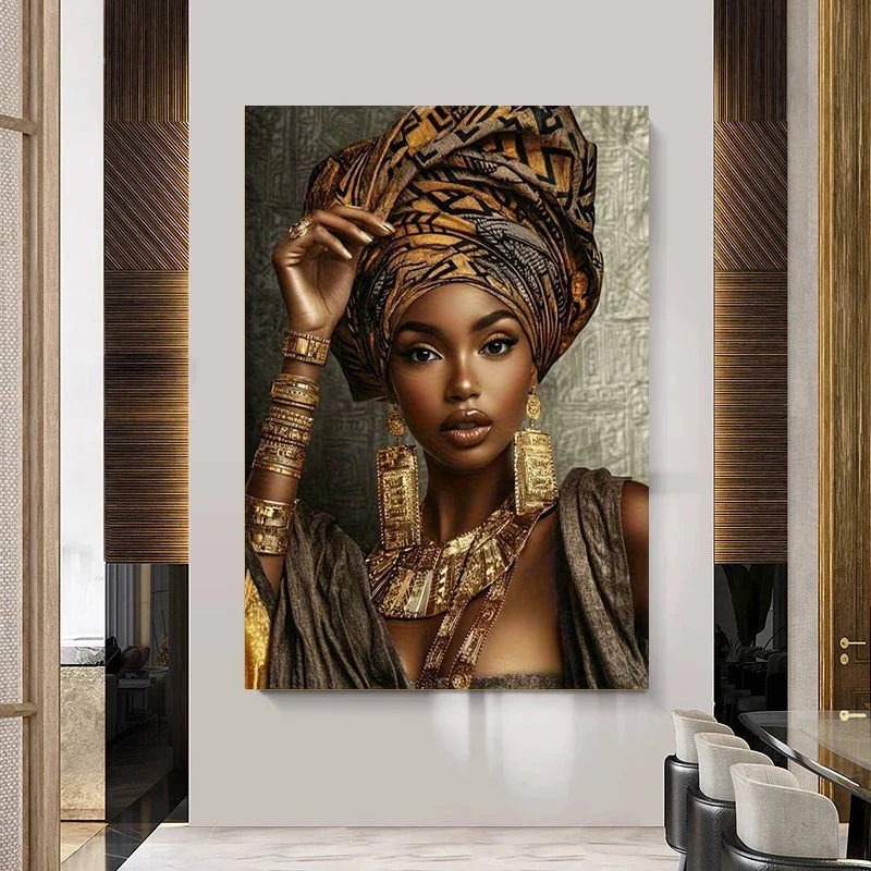 Beautiful African Queen Poster and Prints Golden Woman Canvas Painting Wall Art Picture Living Room Home Decor Cuadros No Frame