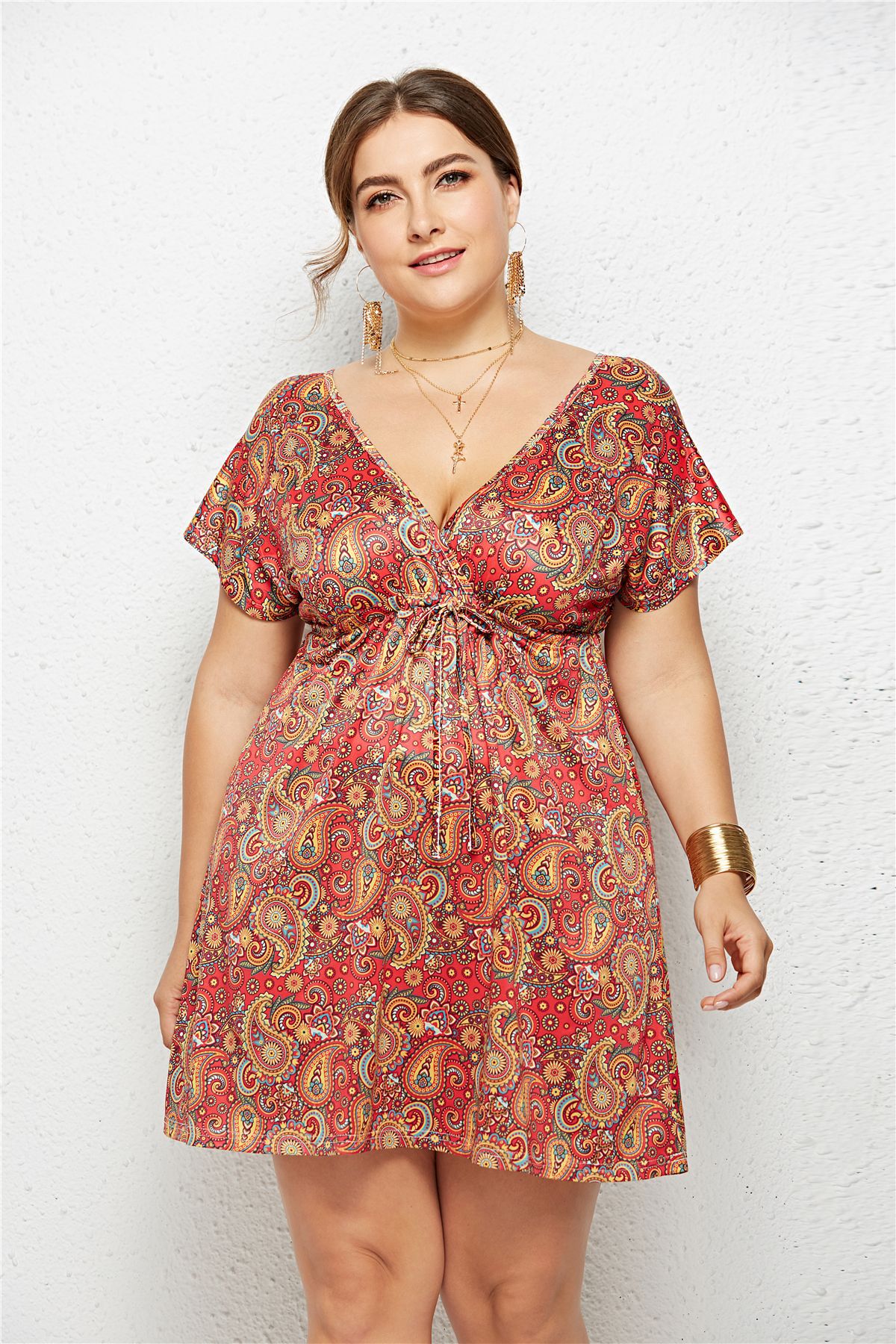 Printed Deep V-Neck Dress with Elastic Waist