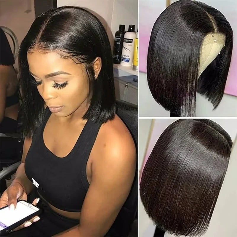 Popular in Europe and America, short straight hair, middle-parted black wig, African student headpiece