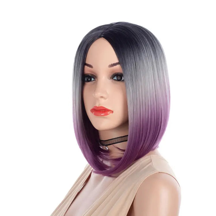 No-lace , African black short bob, middle-parted fluffy synthetic hair wig with straight bangs