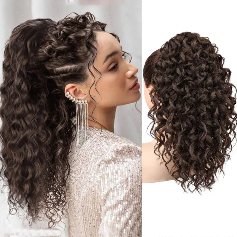 European and American curly 18inch African wavy claw clip ponytail long black-brown