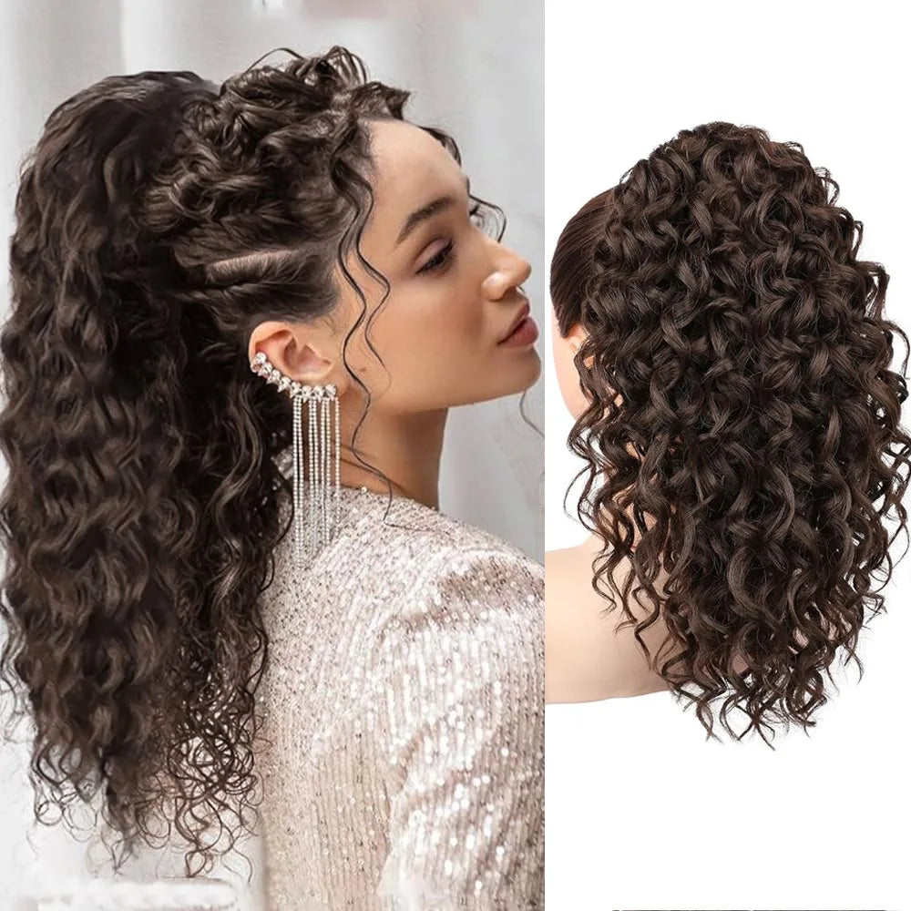 European and American curly 18inch African wavy claw clip ponytail long black-brown