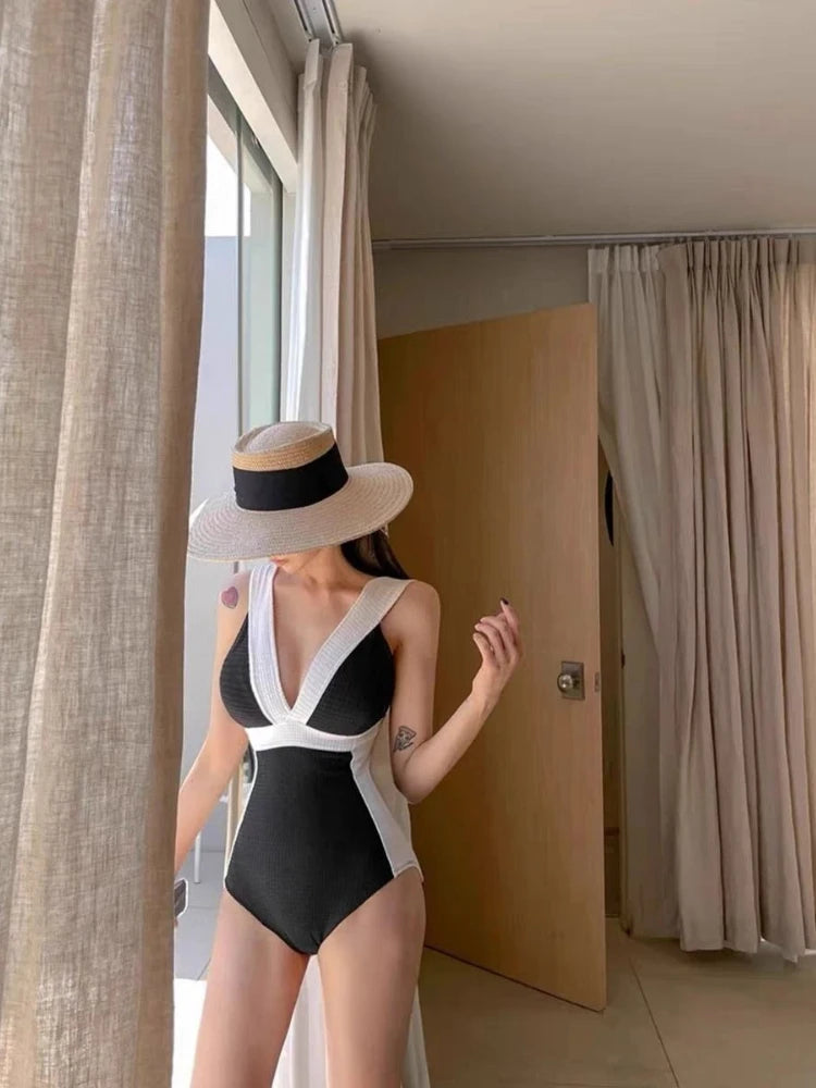 Korean Ins Style Swimsuit Women Inspired Black White Tweed Texture One Piece Deep V Neck Backless Padded Beachwear
