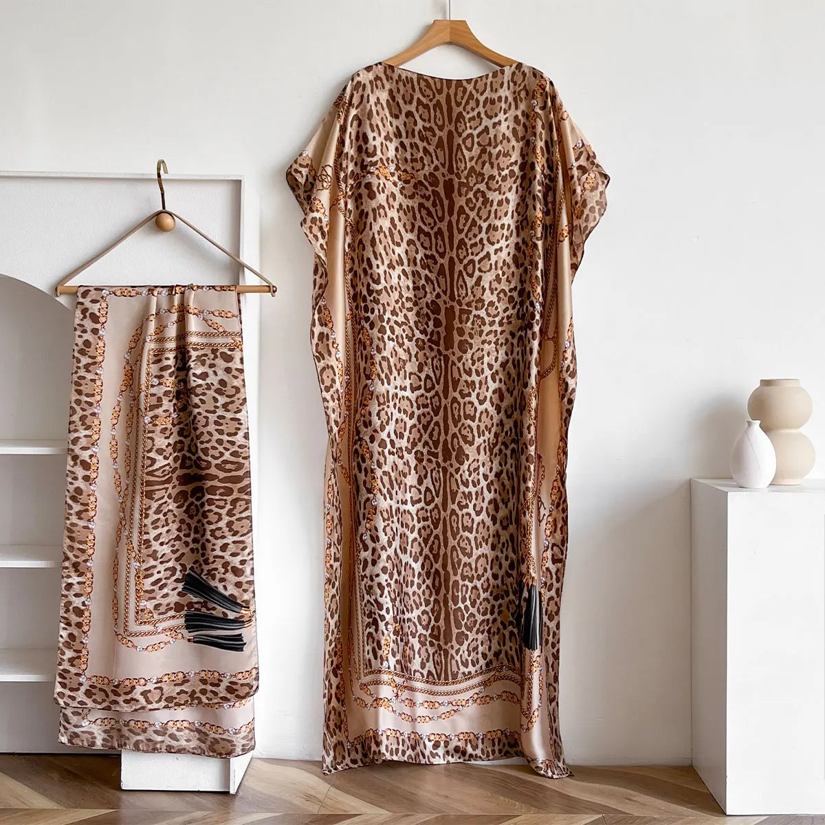 NEW Fashion Summer Dress With Big Scarf Dubai Turkey Kaftan Muslim Loose Abaya Women African Casual Leopard Print Shawl Robe