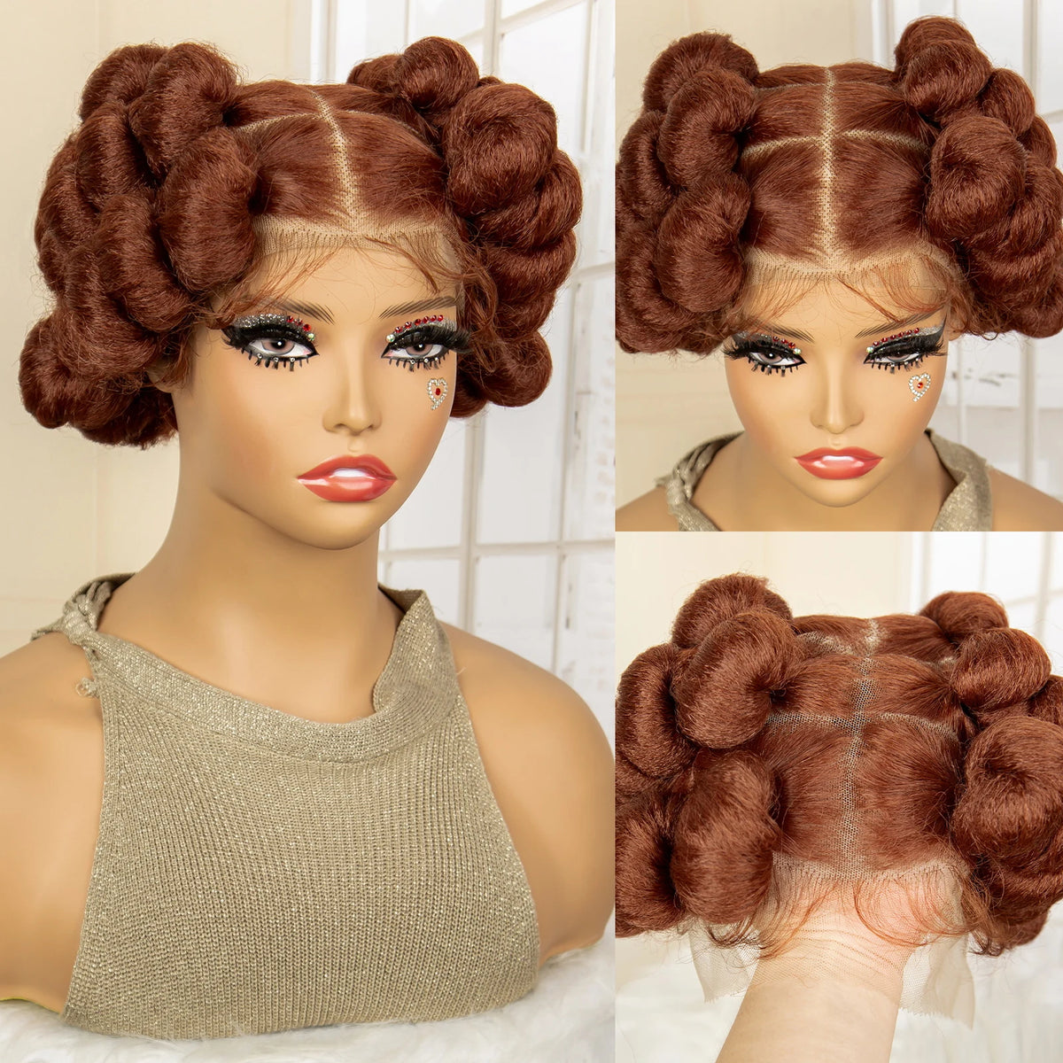 Full Lace Synthetic African Bantu Braided Wigs for Black Women Afro Hair Wig Lace Frontal Knotless Box Braiding Wig with Buns