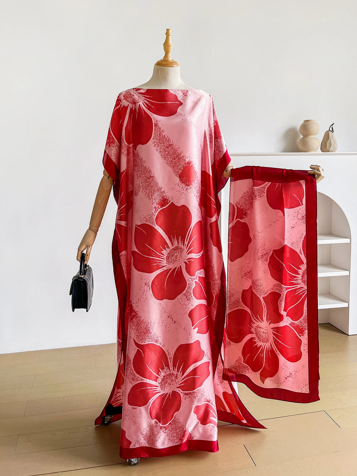 Summer Boho Floral Print Abaya With Scarf, Loose Batwing Maxi Kaftan For African Muslim Women Beach Holiday Wear