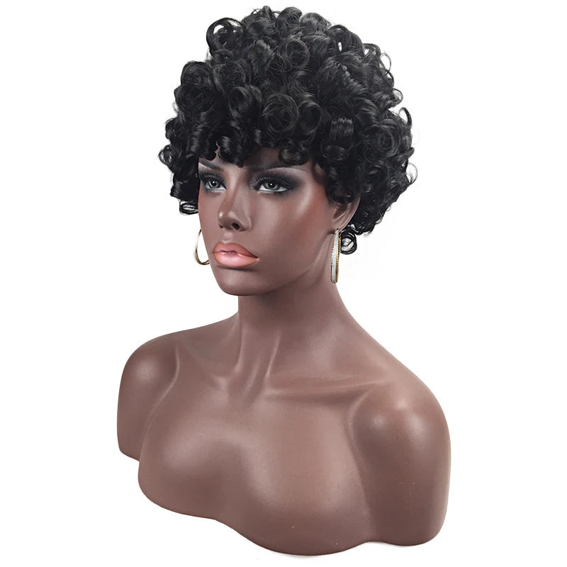 Women's short curly wig, black side-parted small curls, African style