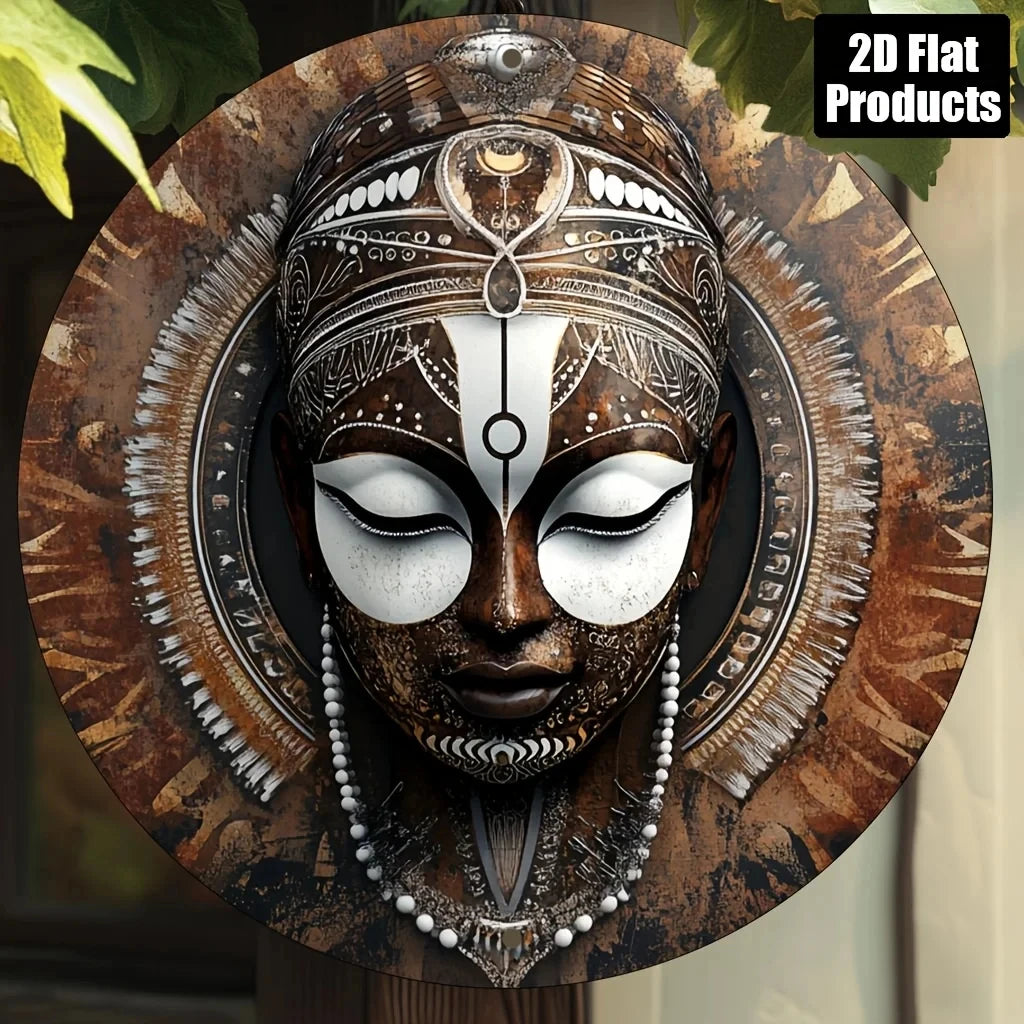 2D Flat, African Mask Wall Art - 20.32X 20.32cm Round Aluminum Metal Tribal Beaded Mask, Decorated with Coins and Cultural Patterns - H