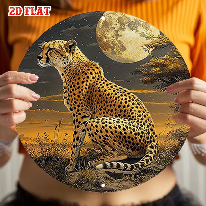 2D Flat  Adventure Spirit Round Sign, Moonlit Night Wall Decor Cheetah Rustic Metal Wall Art,African Beauty Metal Wall Art Decor
