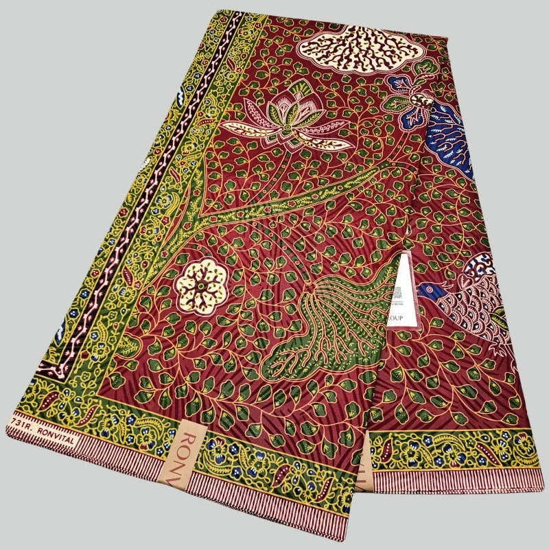 46Inch * 6Yards Green Leaves Printed Red African Cotton Batik Fabric Wax Fabric for Sewing Clothes Pants Cushion Covers R2322