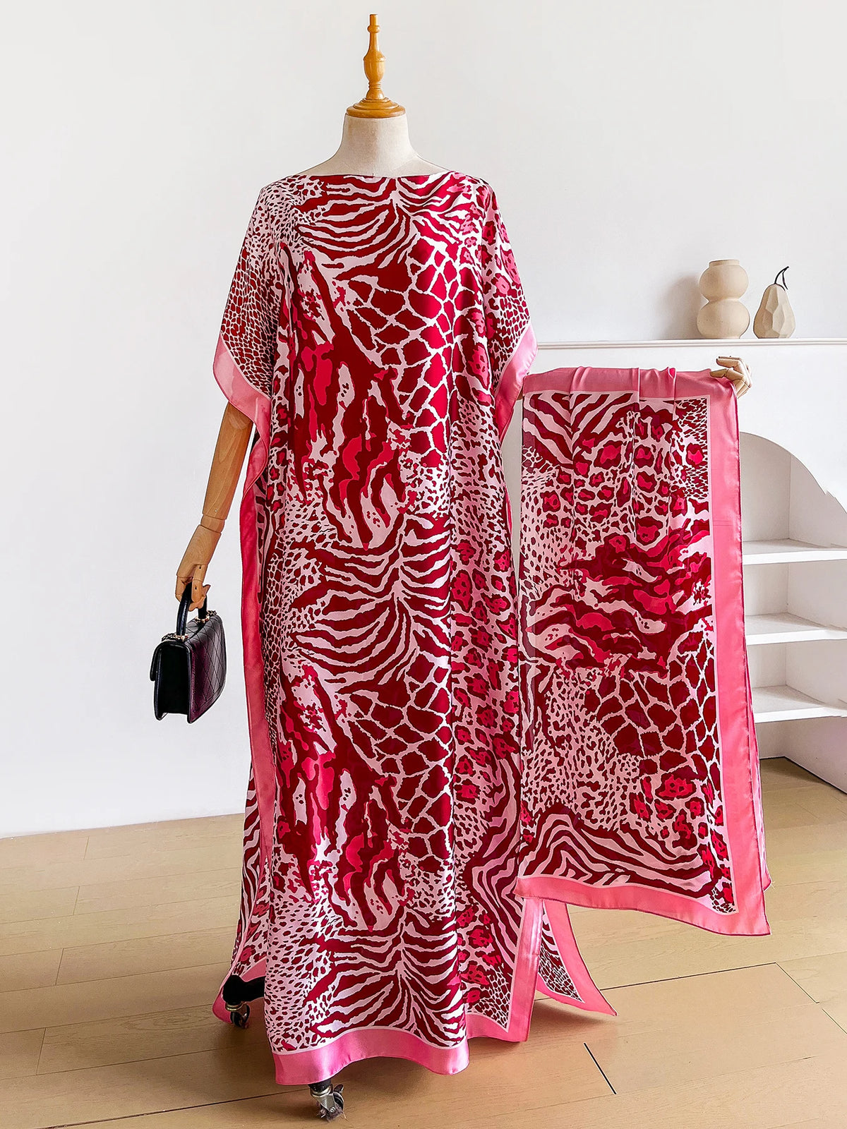 Dubai Mixed Animal Print Abaya With Matching Scarf, Boat Neck Batwing Sleeve Loose Maxi Kaftan Dress For African Muslim Women