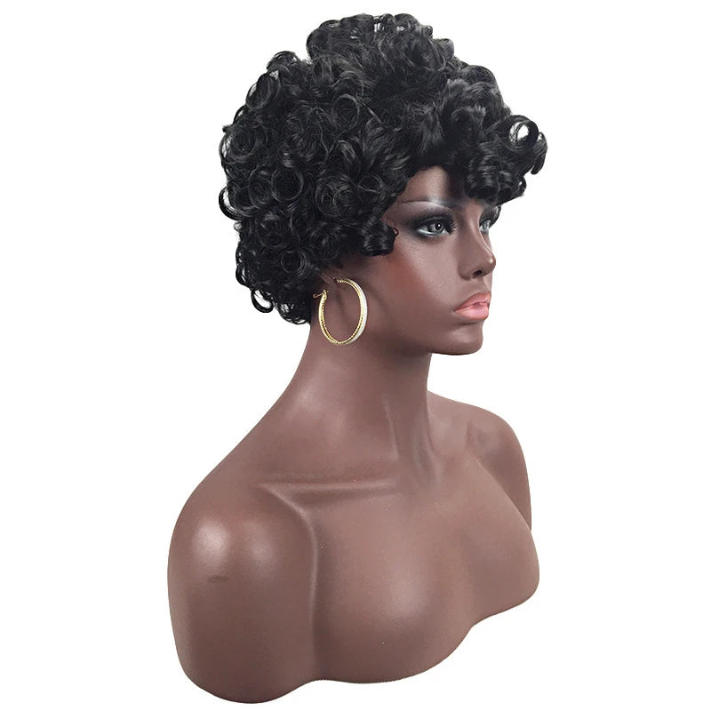 Women's short curly wig, black side-parted small curls, African style