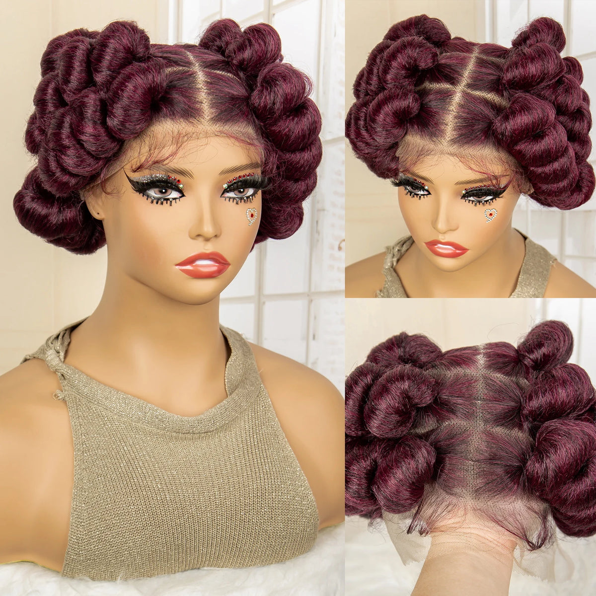 Full Lace Synthetic African Bantu Braided Wigs for Black Women Afro Hair Wig Lace Frontal Knotless Box Braiding Wig with Buns