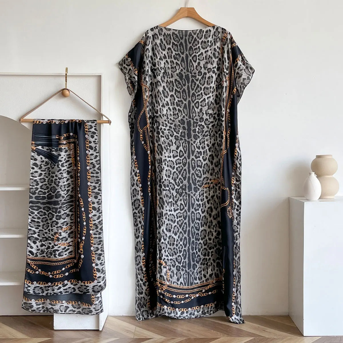 NEW Fashion Summer Dress With Big Scarf Dubai Turkey Kaftan Muslim Loose Abaya Women African Casual Leopard Print Shawl Robe
