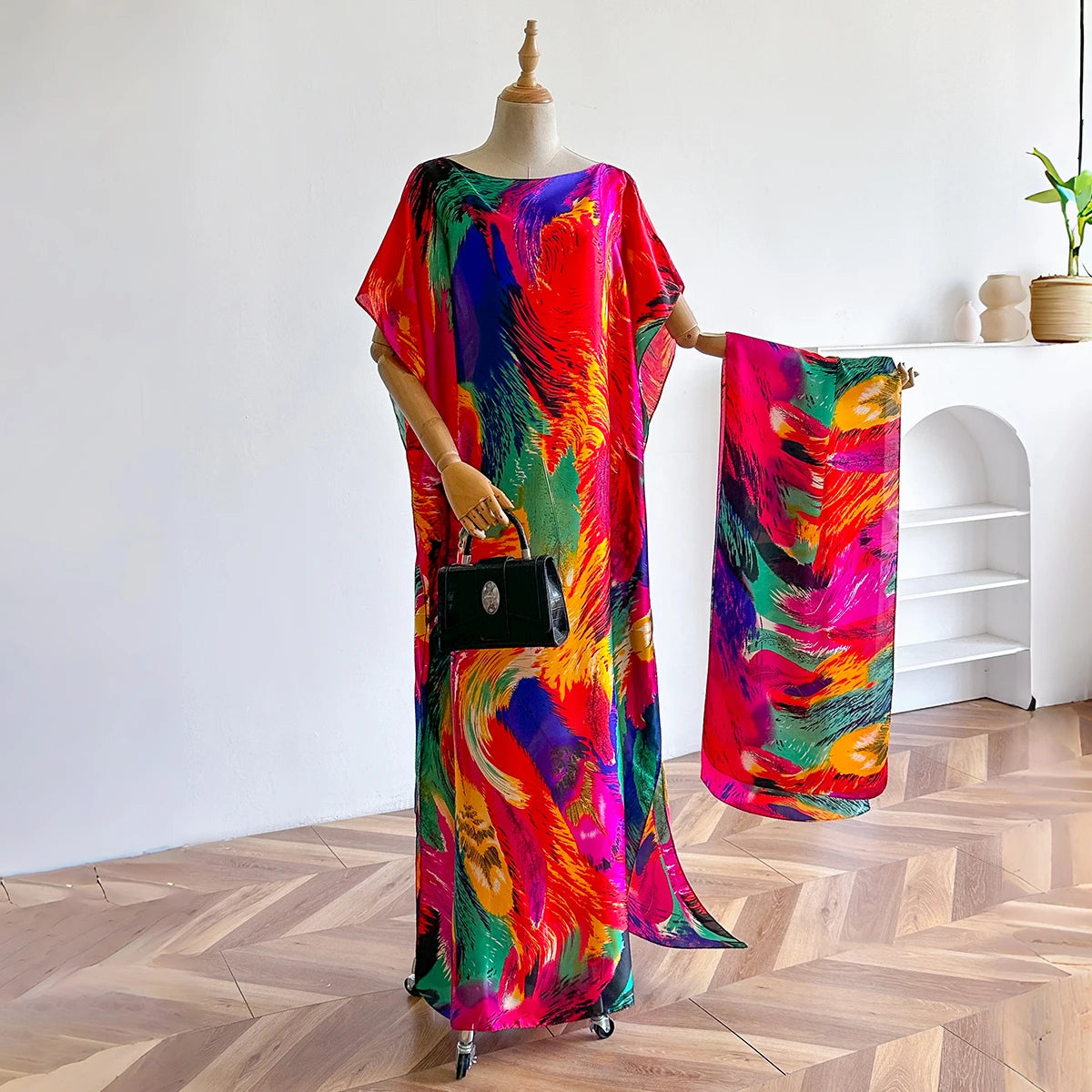 2025 New African Fashion Short Sleeve Colored Pattern Dubai Women Summer Real Silk Soft Printing Loose Tradition Muslim Scraf