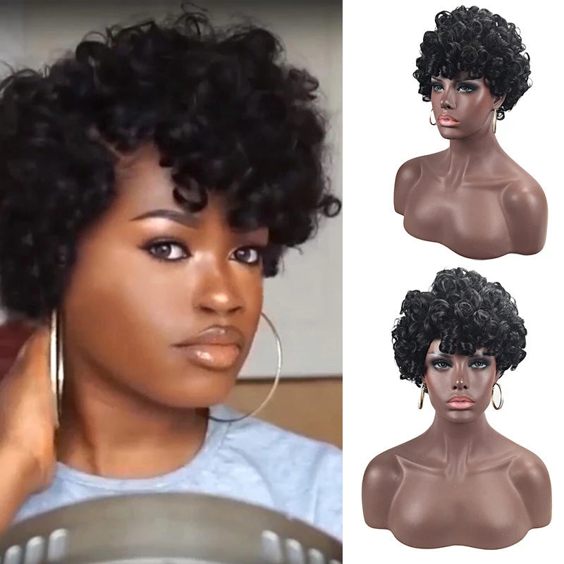 Women's short curly wig, black side-parted small curls, African style