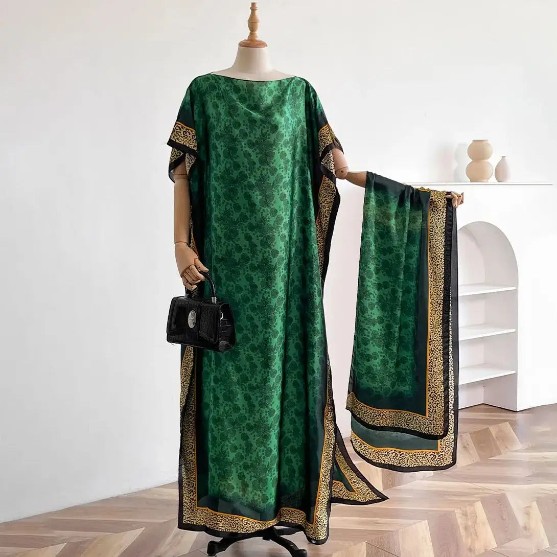 NEW Fashion Summer Dress With Big Scarf Dubai Turkey Kaftan Muslim Loose Abaya Women African Casual Leopard Print Shawl Robe