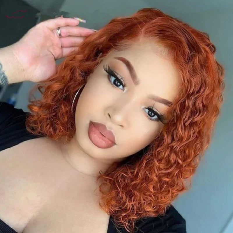 African bob hair 13*4 front lace orange small short curly wig