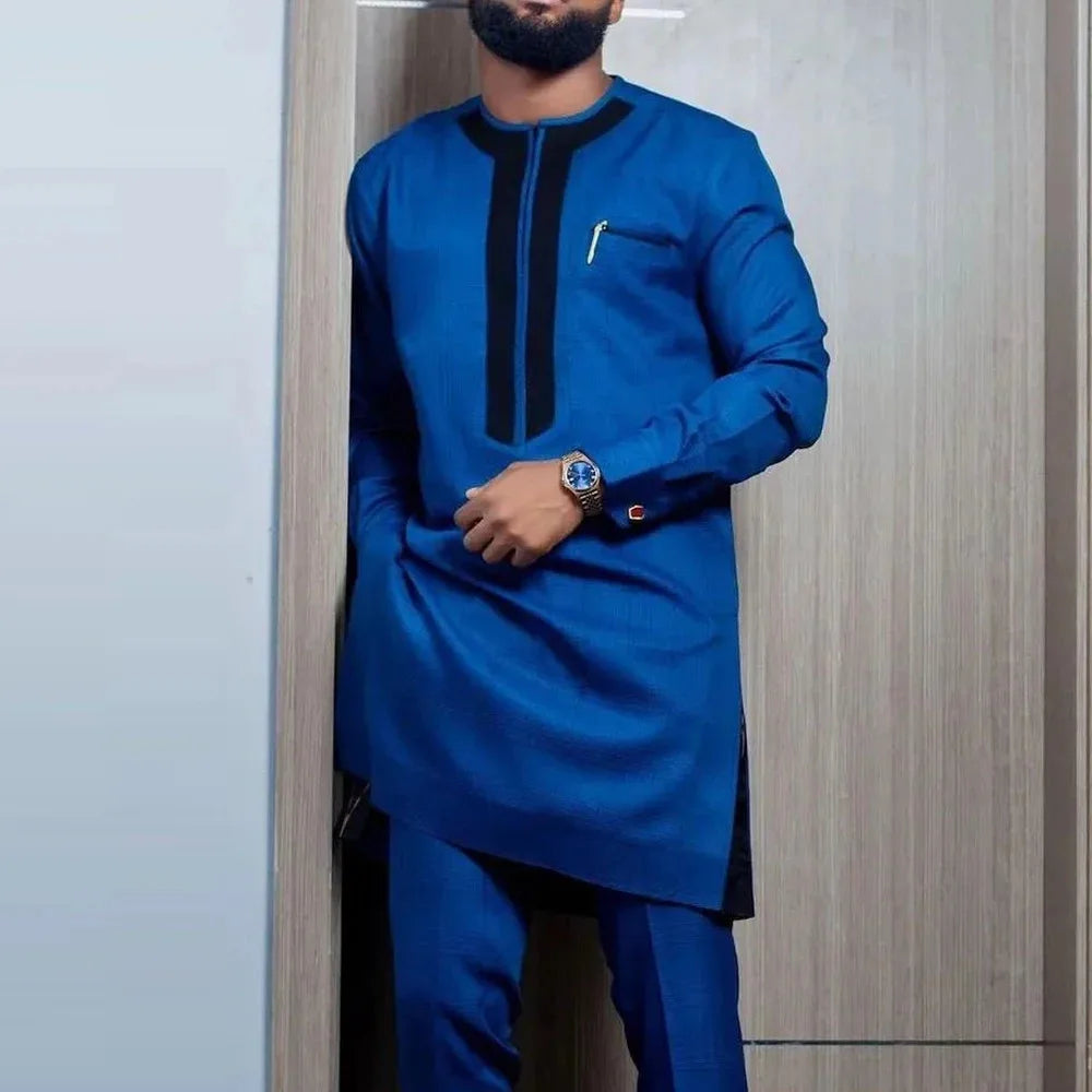 Big Size 3XL 4XL Stylish Streetwear African Men's Traditional Elegant Suits Fashion Casual Navy Blue 2Pcs Shirt & Pants Outfit