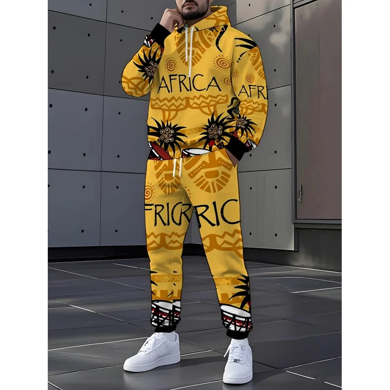 A Stylish And Casual Two-Piece Hoodie With Traditional Totems And Musical Instrument Patterns Themed Around African Culture