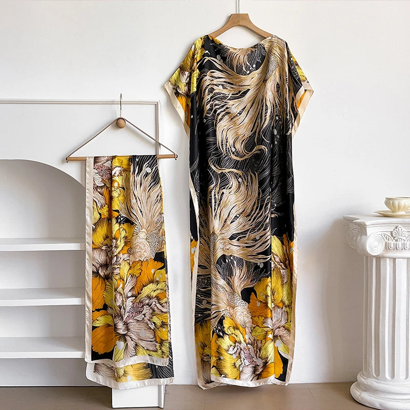 NEW Fashion Summer Dress With Big Scarf Dubai Turkey Kaftan Muslim Loose Abaya Women African Casual Maxi Flower Shawl Robe