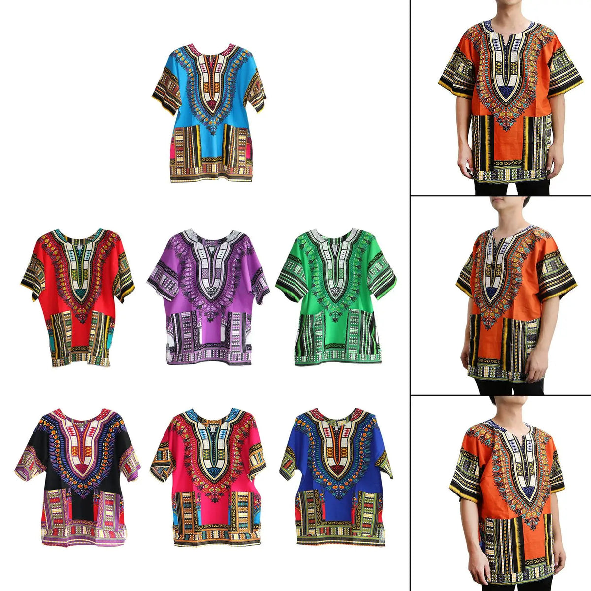 African Traditional Dashiki T Shirt Floral Geometric Print Cotton Blend Loose Fit Unisex Clothing for Men Women Casual Summer