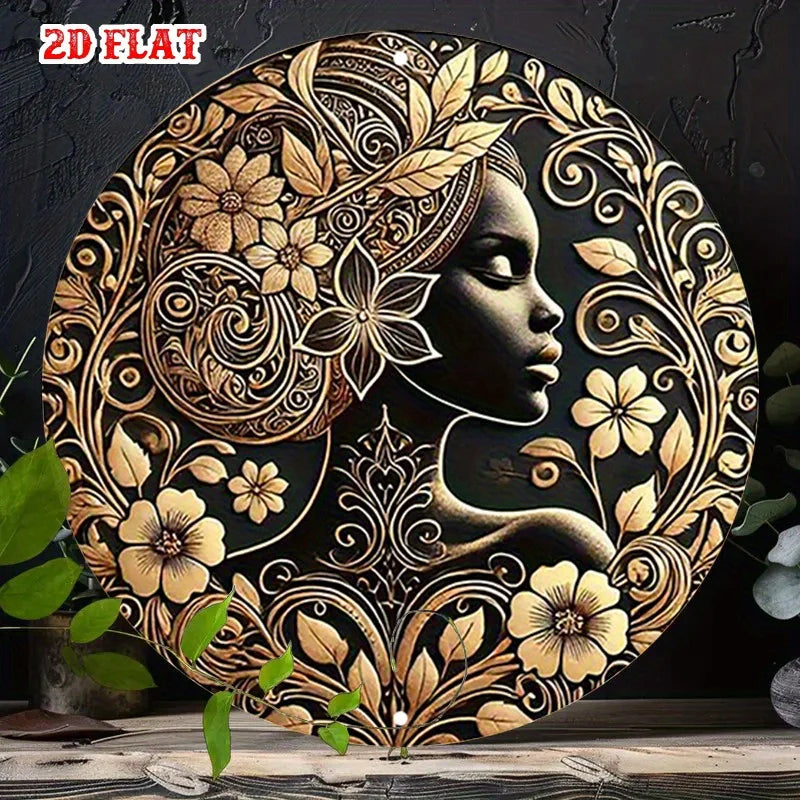 2D Flat Serenity Round Sign, Floral Crown Round Wall Decor African Beauty Rustic Metal Wall Art, Elegant Woman Metal Wall Art