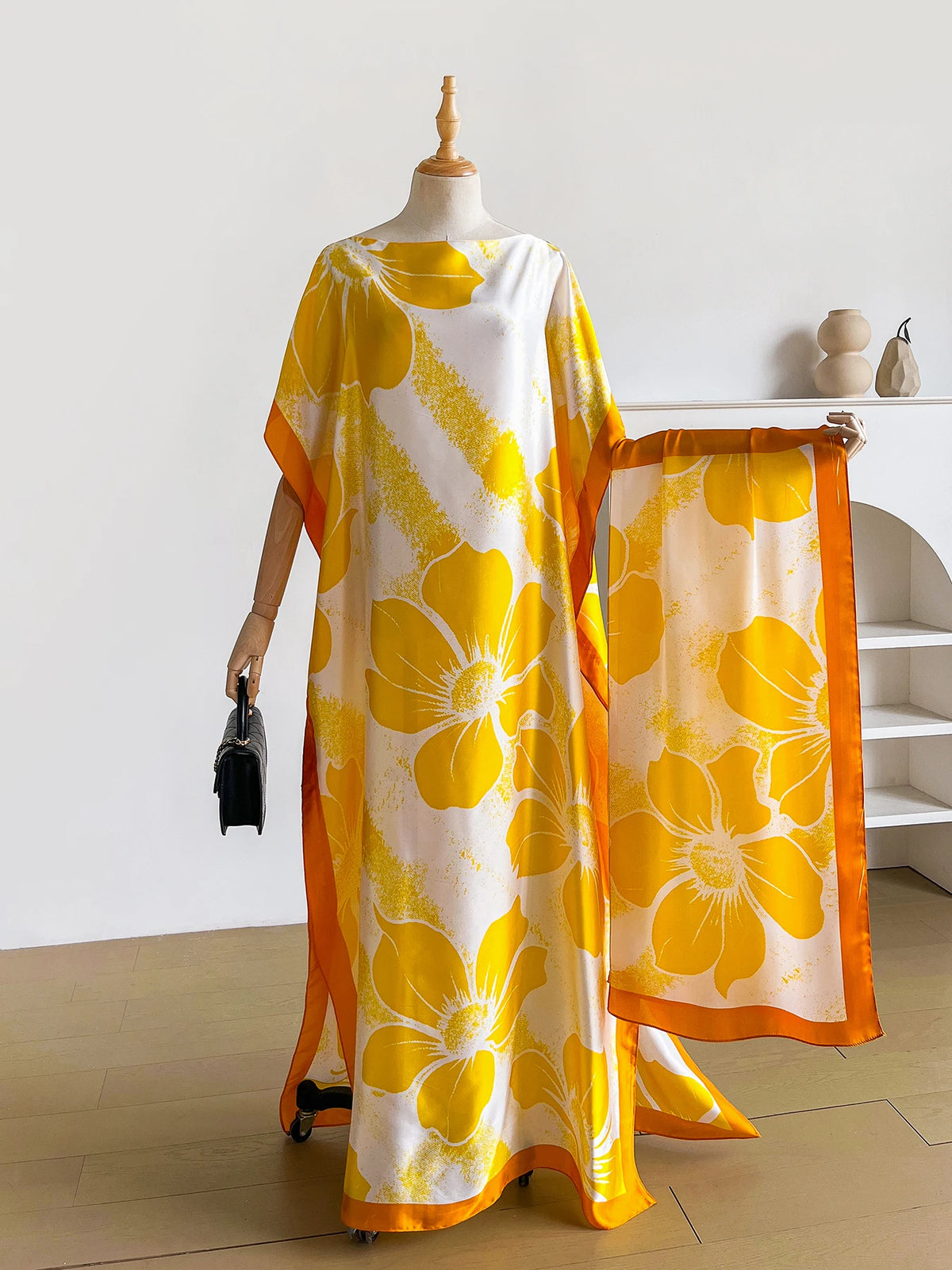 Summer Boho Floral Print Abaya With Scarf, Loose Batwing Maxi Kaftan For African Muslim Women Beach Holiday Wear