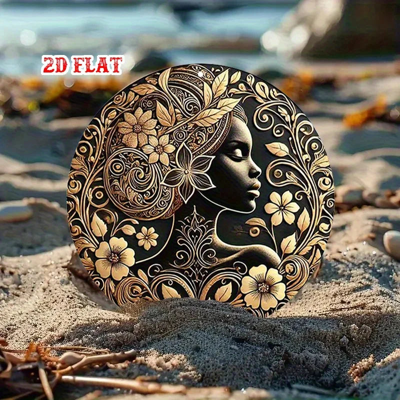2D Flat Serenity Round Sign, Floral Crown Round Wall Decor African Beauty Rustic Metal Wall Art, Elegant Woman Metal Wall Art