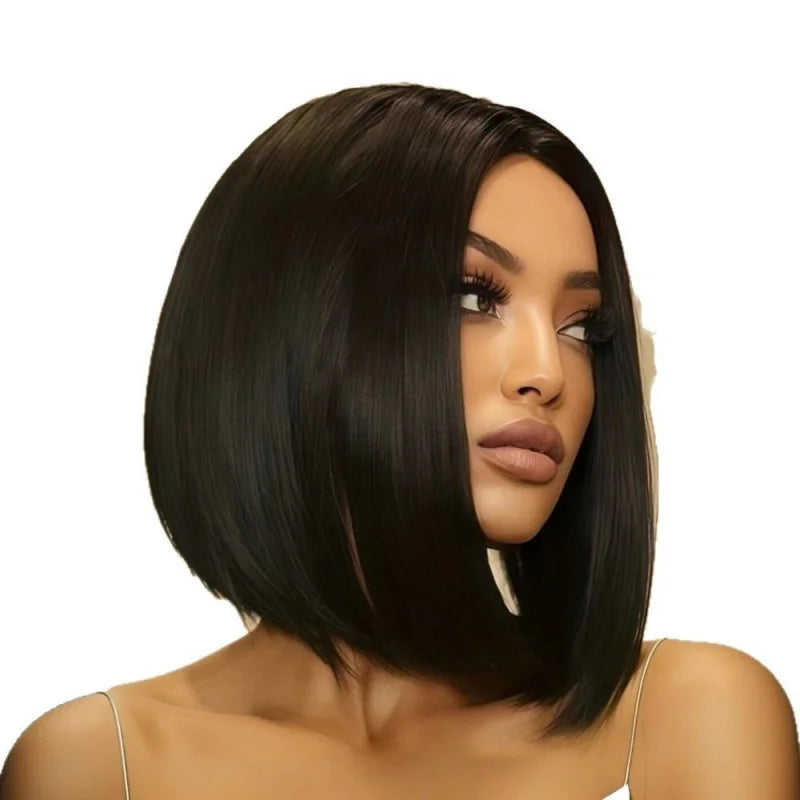 No-lace , African black short bob, middle-parted fluffy synthetic hair wig with straight bangs