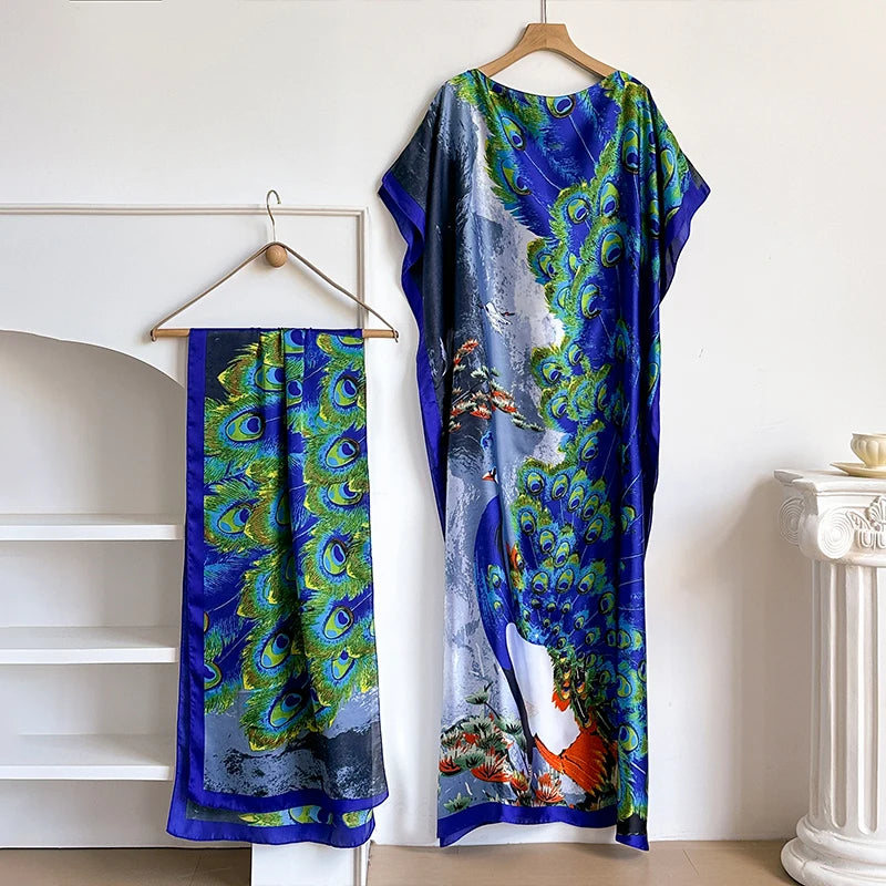 NEW Fashion Summer Dress With Big Scarf Dubai Turkey Kaftan Muslim Loose Abaya Women African Casual Maxi Flower Shawl Robe