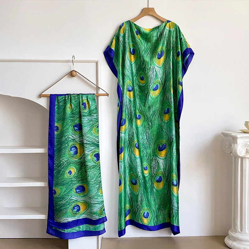 NEW Fashion Summer Dress With Big Scarf Dubai Turkey Kaftan Muslim Loose Abaya Women African Casual Maxi Flower Shawl Robe