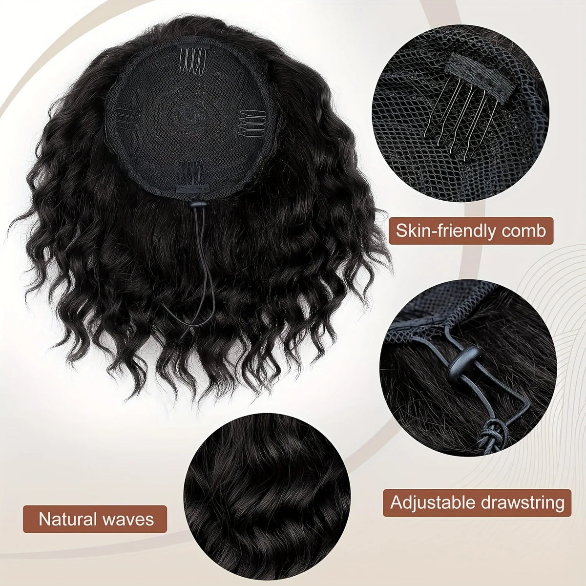 25cm / 9.8inch Short Fluffy Curly Ponytail Wig, Drawstring African Fluffy Hair Bun, Synthetic Natural Wave Hairpiece, for Women Only. Suitable for Daily Use, Dates, Photography, Parties, and Other Occasions.