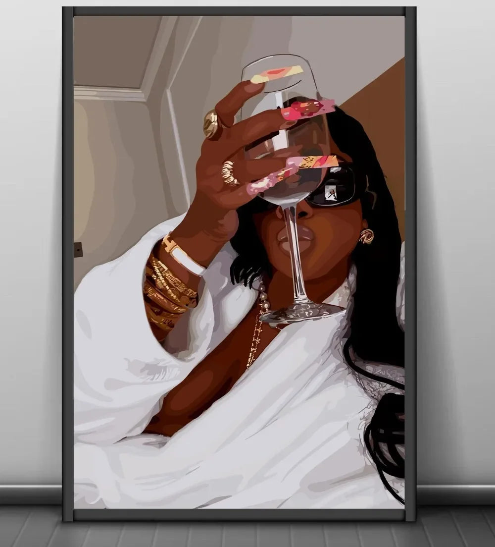 Modern African American Black Woman Fashion Portrait Posters and Prints Canvas Printing Wall Art Picture for Living Room Deco