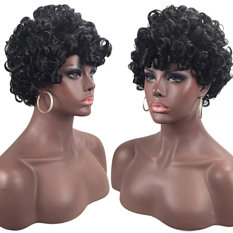 Women's short curly wig, black side-parted small curls, African style