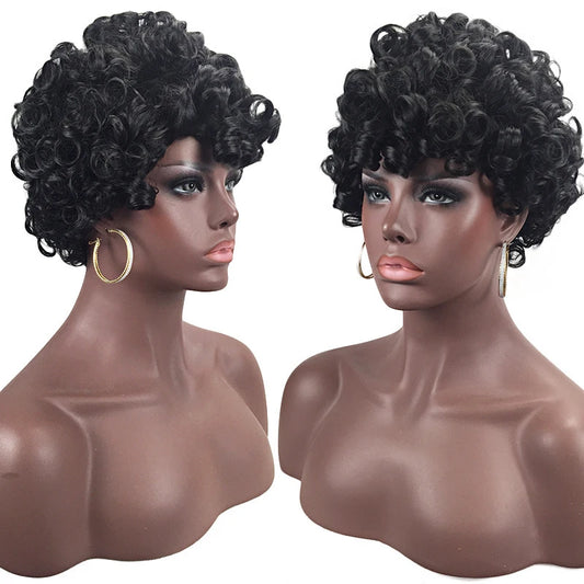 Women's short curly wig, black side-parted small curls, African style